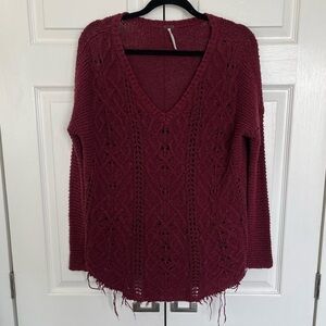 Burgundy Red Free People Distressed Hem Scoop Neck Sweater Size S